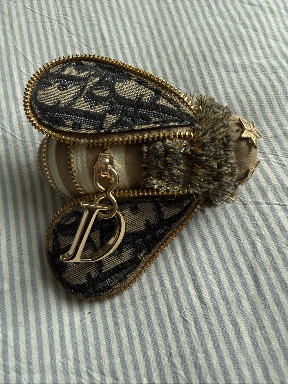 Dior Beige & Navy Bee Key Pouch with Gold 'D' Charm